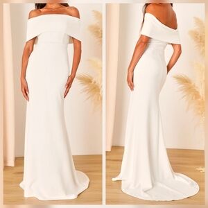 Lulus Exceptional Romance White Off-the-Shoulder Mermaid Maxi Wedding Dress, S